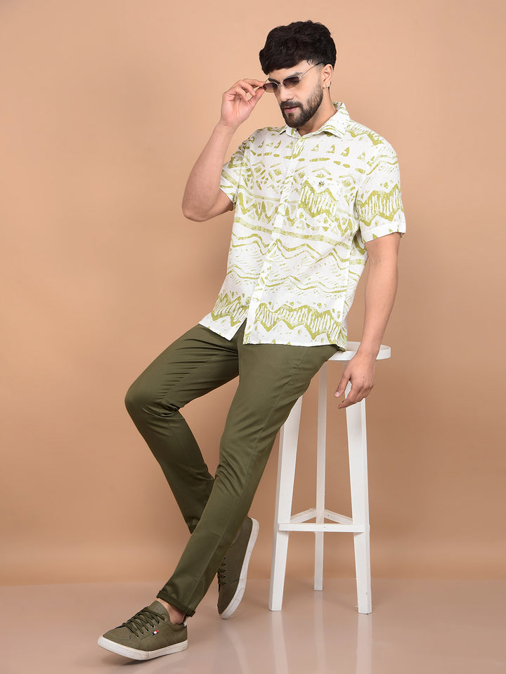 Olive Printed Linen Shirt-Men Shirts-Crimsoune Club