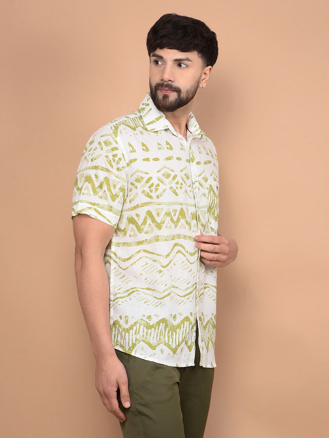 Olive Printed Linen Shirt-Men Shirts-Crimsoune Club