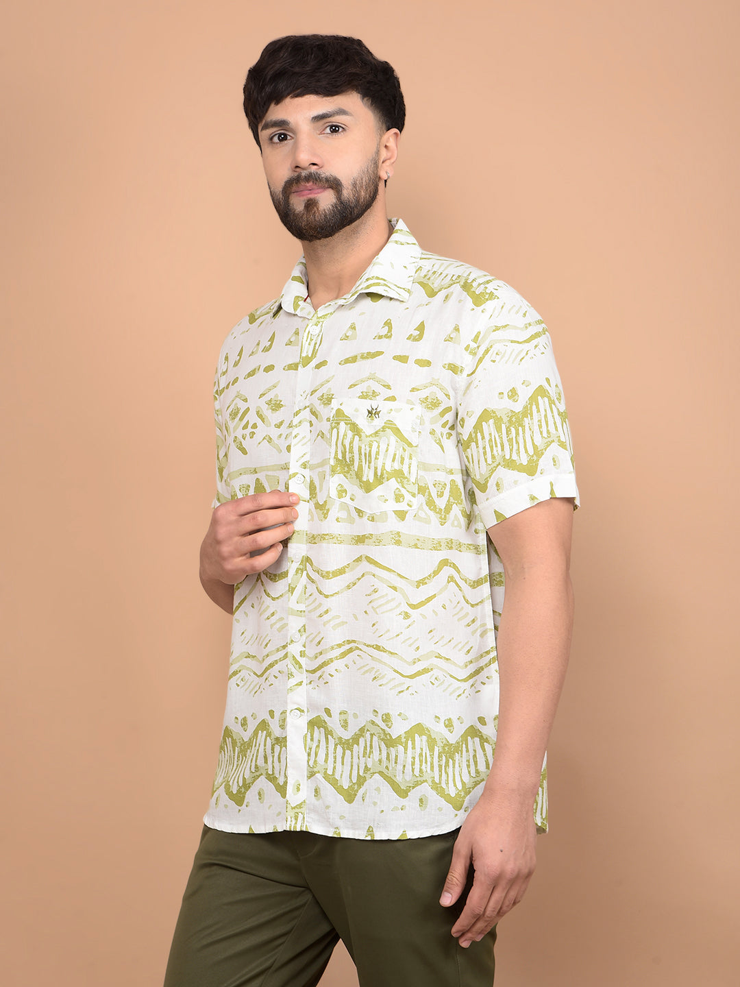 Olive Printed Linen Shirt-Men Shirts-Crimsoune Club