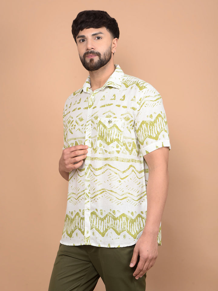 Olive Printed Linen Shirt-Men Shirts-Crimsoune Club