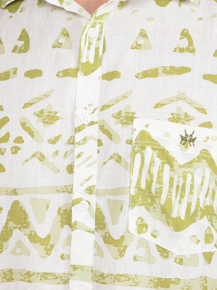 Olive Printed Linen Shirt-Men Shirts-Crimsoune Club
