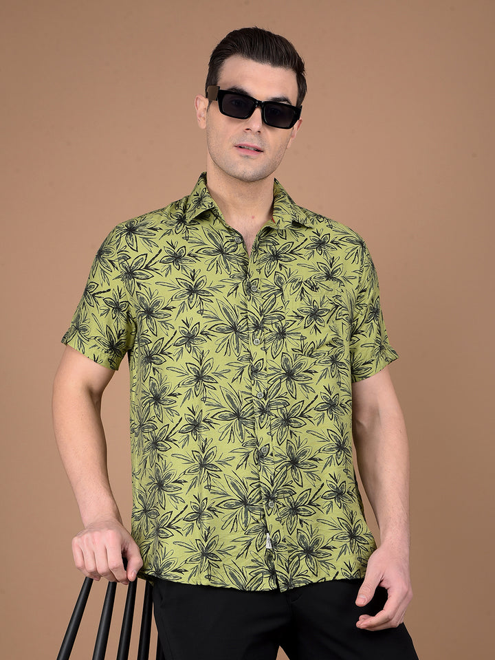 Green Floral Print Shirt-Men Shirts-Crimsoune Club