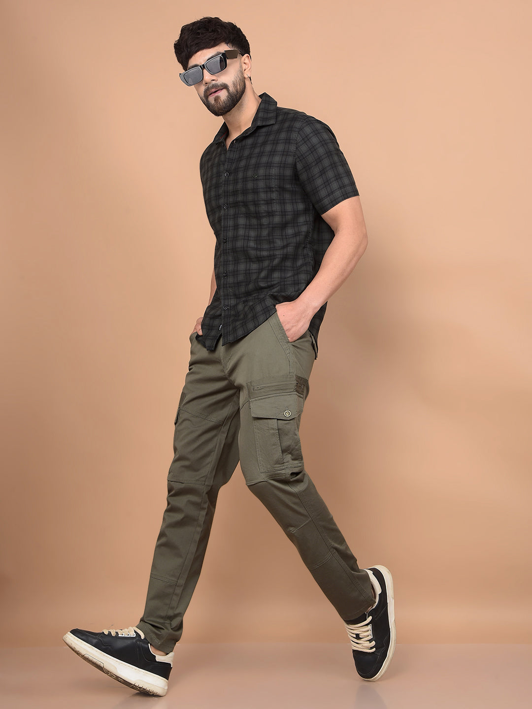 Olive Checked 100% Cotton Shirt-Men Shirts-Crimsoune Club