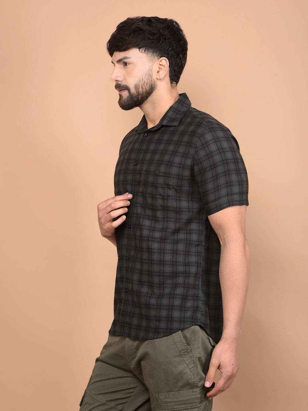 Olive Checked 100% Cotton Shirt-Men Shirts-Crimsoune Club