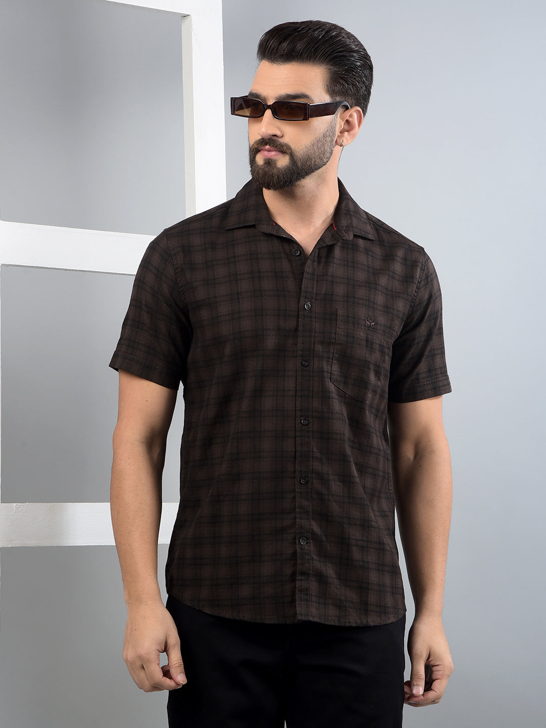 Brown Checked 100% Cotton Shirt-Men Shirts-Crimsoune Club