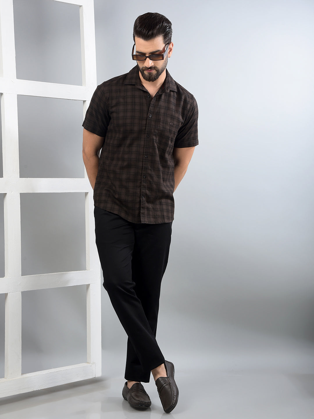 Brown Checked 100% Cotton Shirt-Men Shirts-Crimsoune Club
