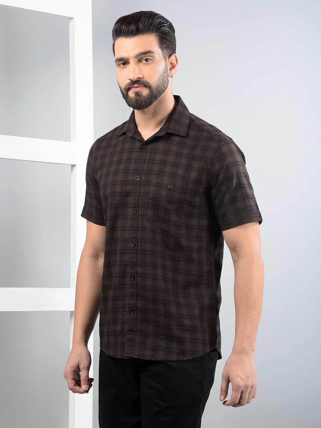 Brown Checked 100% Cotton Shirt-Men Shirts-Crimsoune Club