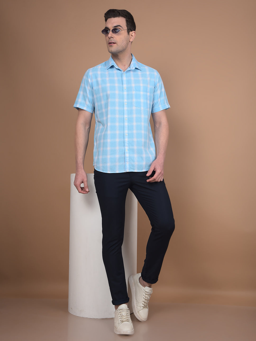 Blue Checked Linen Shirt-Men Shirts-Crimsoune Club