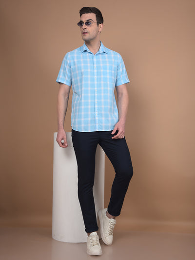 Blue Checked Linen Shirt-Men Shirts-Crimsoune Club