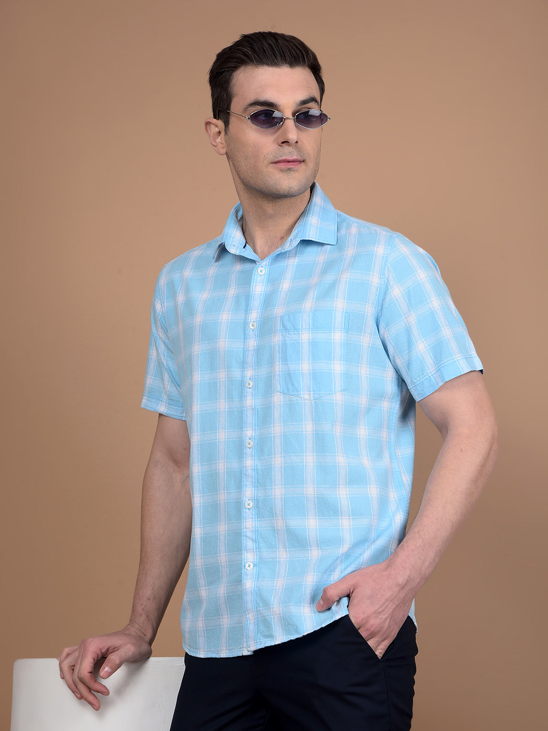 Blue Checked Linen Shirt-Men Shirts-Crimsoune Club