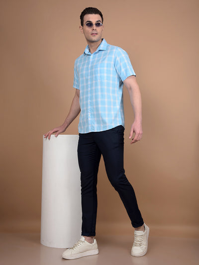 Blue Checked Linen Shirt-Men Shirts-Crimsoune Club