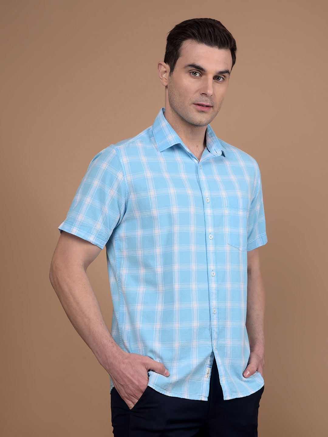 Blue Checked Linen Shirt-Men Shirts-Crimsoune Club