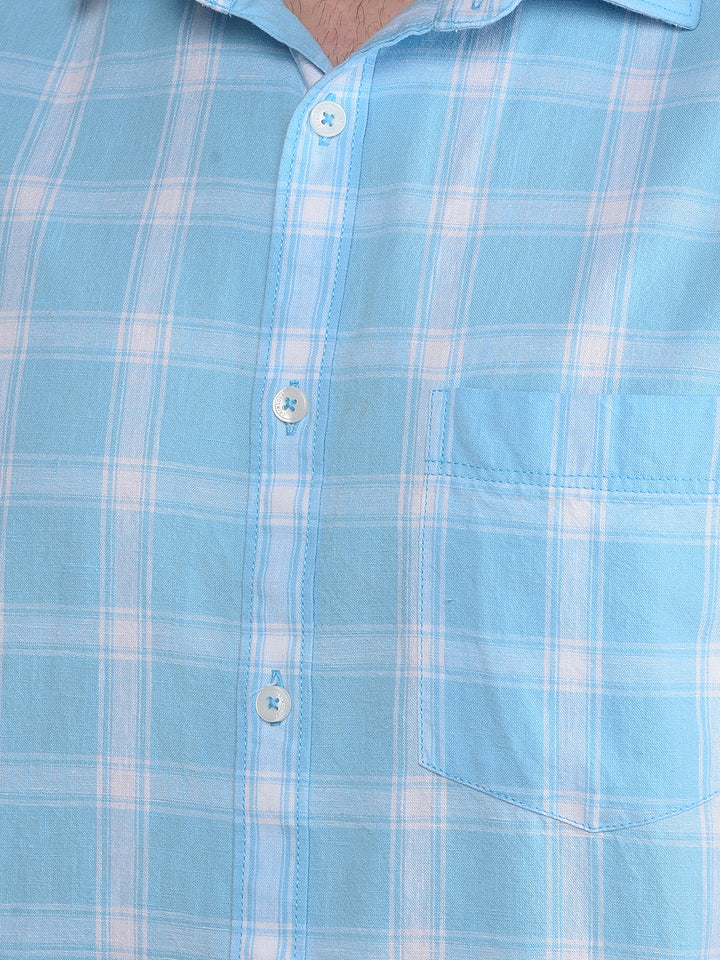 Blue Checked Linen Shirt-Men Shirts-Crimsoune Club