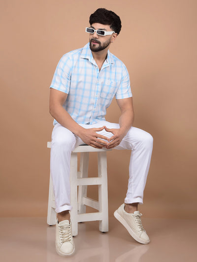 Blue Checked Linen Shirt-Men Shirts-Crimsoune Club