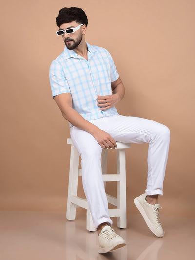 Blue Checked Linen Shirt-Men Shirts-Crimsoune Club