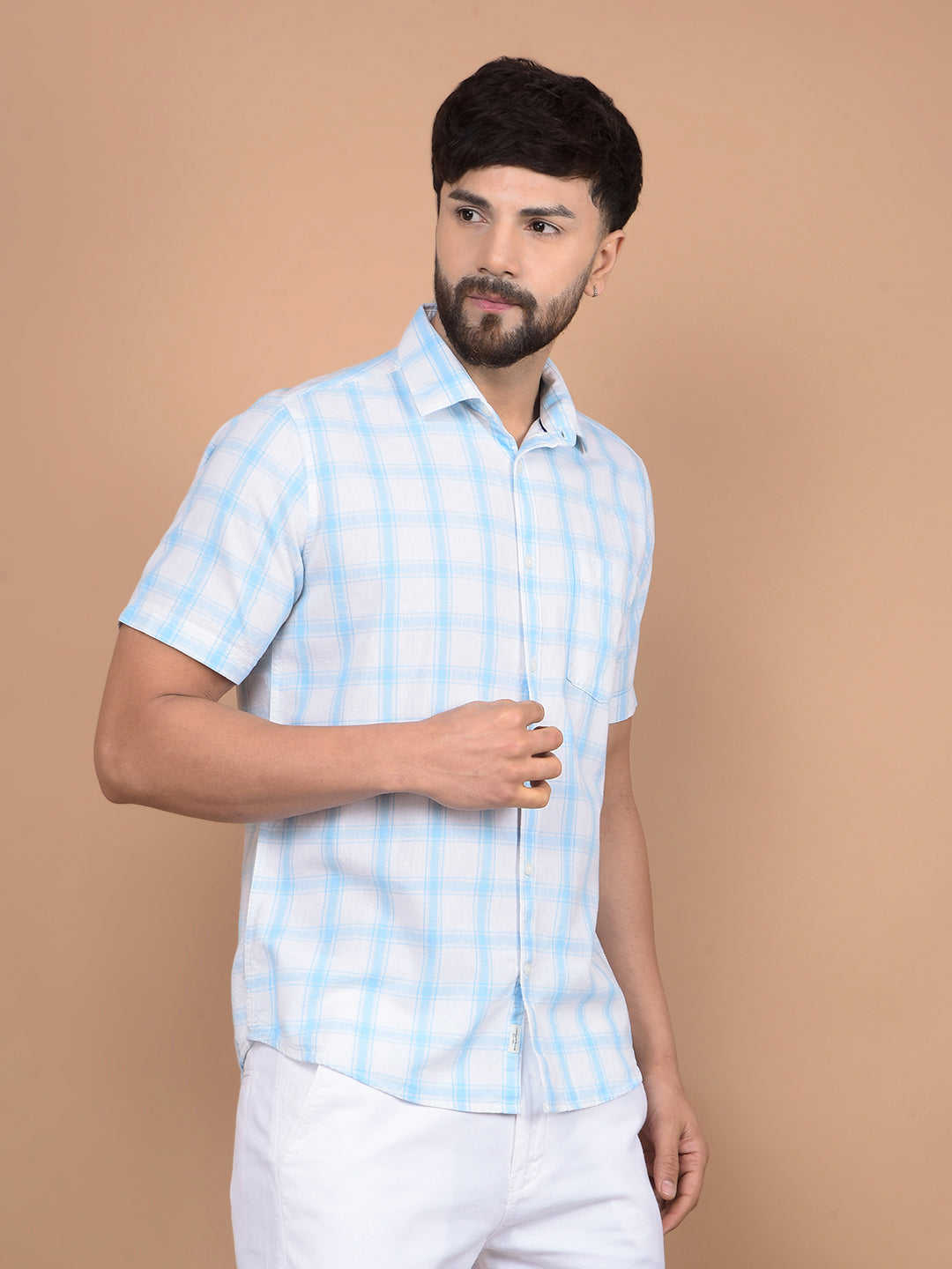 Blue Checked Linen Shirt-Men Shirts-Crimsoune Club