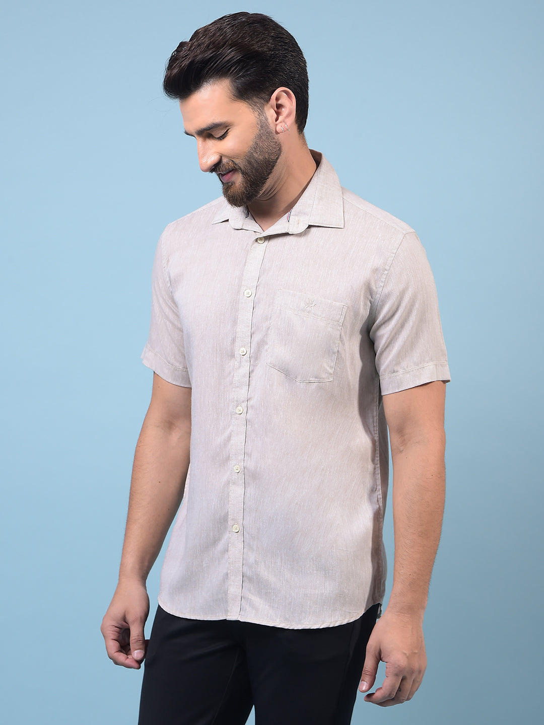 Men's Beige Linen Shirt-Men Shirts-Crimsoune Club