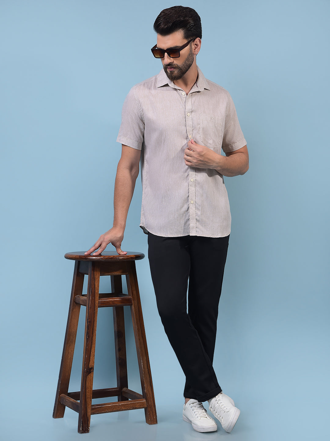 Men's Beige Linen Shirt-Men Shirts-Crimsoune Club