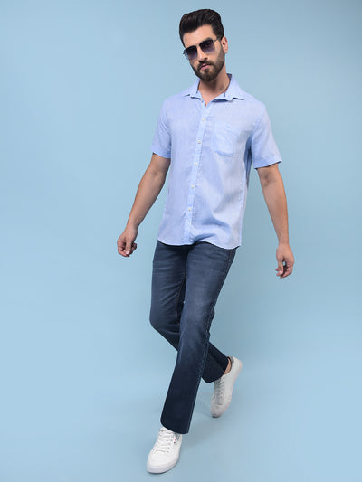 Men's Blue Linen Shirt-Men Shirts-Crimsoune Club
