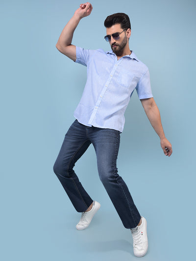 Men's Blue Linen Shirt-Men Shirts-Crimsoune Club