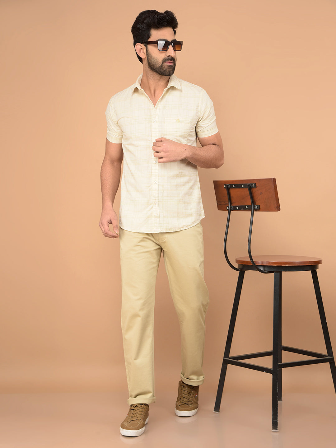 Beige Checked Shirt-Men Shirts-Crimsoune Club