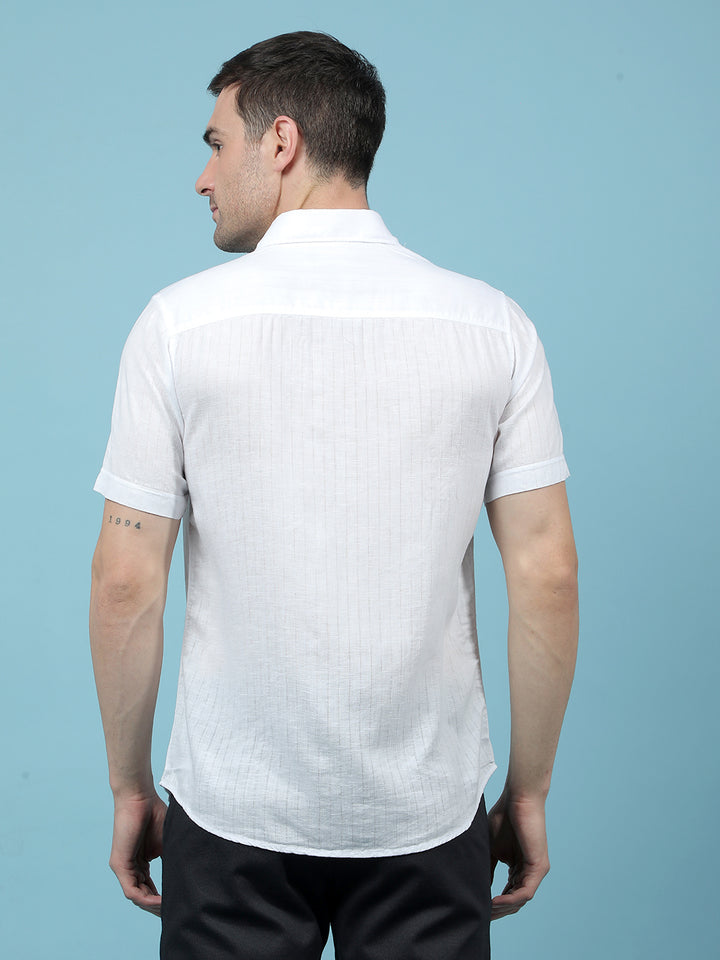 White Vertical Stripes Linen Shirt-Men Shirts-Crimsoune Club