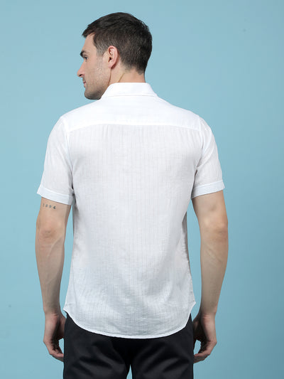 White Vertical Stripes Linen Shirt-Men Shirts-Crimsoune Club