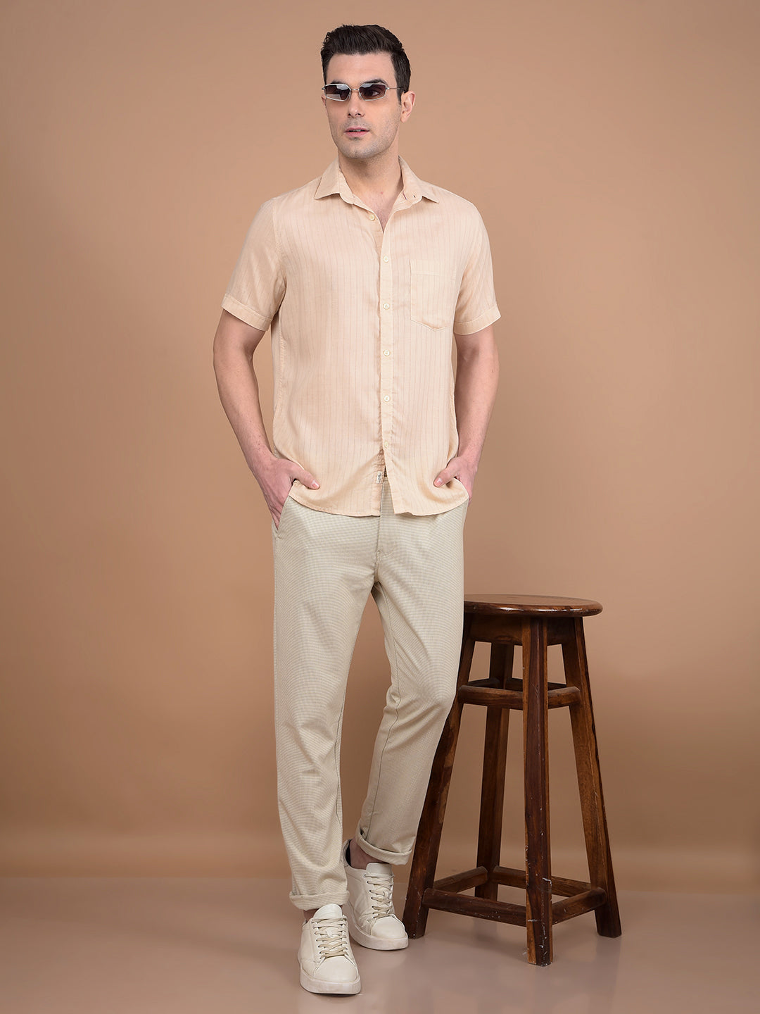 Beige Vertical Stripes Linen Shirt-Men Shirts-Crimsoune Club