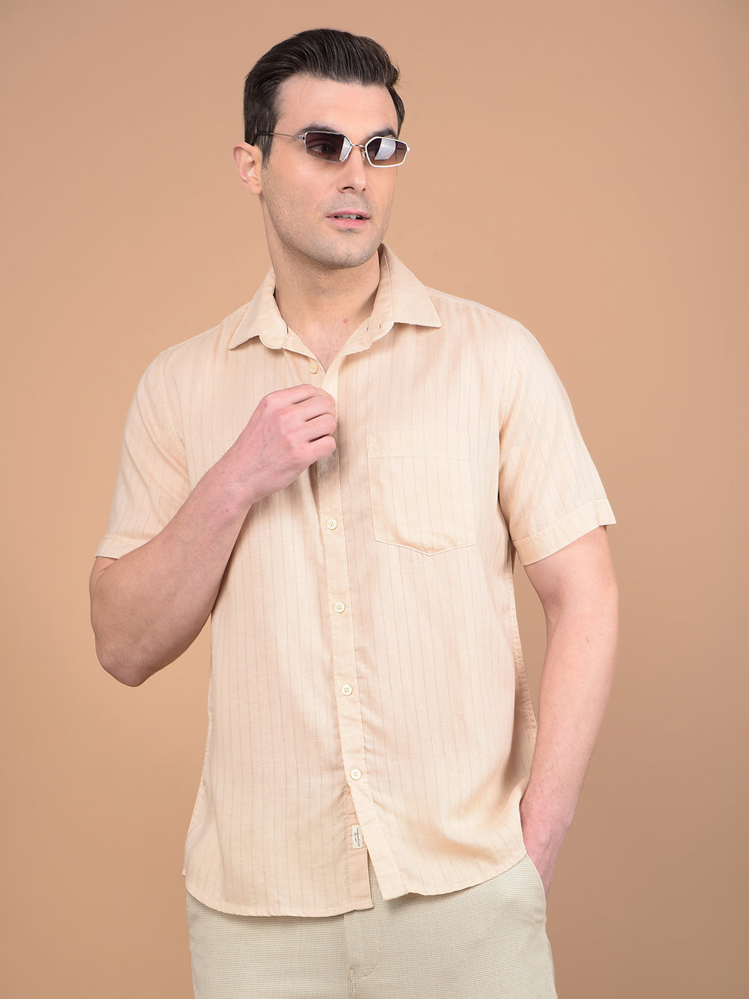 Beige Vertical Stripes Linen Shirt-Men Shirts-Crimsoune Club