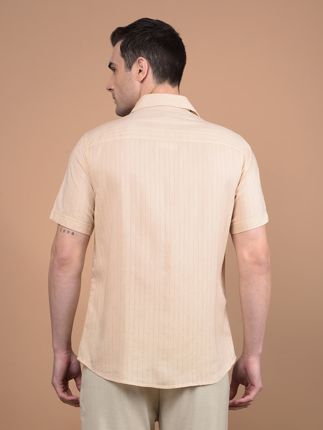 Beige Vertical Stripes Linen Shirt-Men Shirts-Crimsoune Club