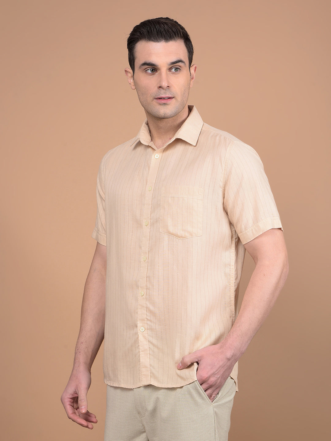 Beige Vertical Stripes Linen Shirt-Men Shirts-Crimsoune Club