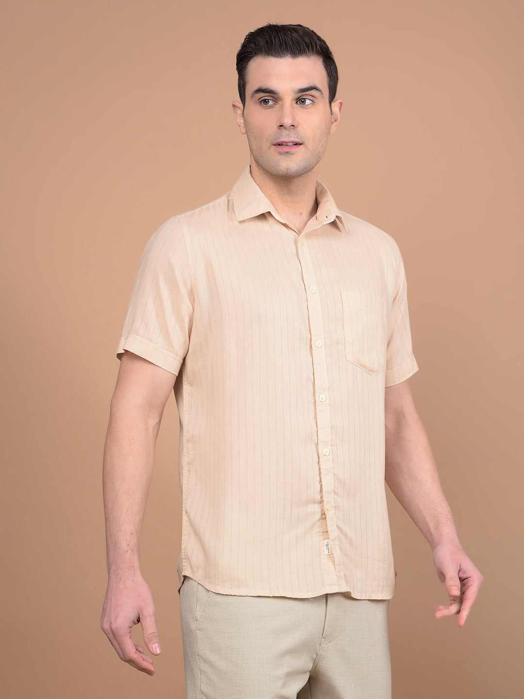Beige Vertical Stripes Linen Shirt-Men Shirts-Crimsoune Club