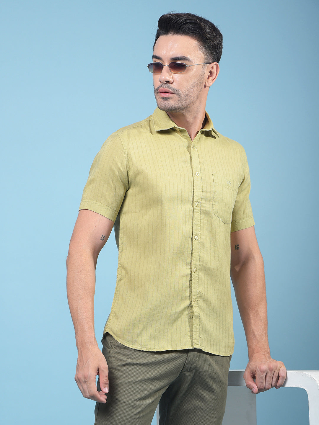Green Vertical Stripes Linen Shirt-Men Shirts-Crimsoune Club