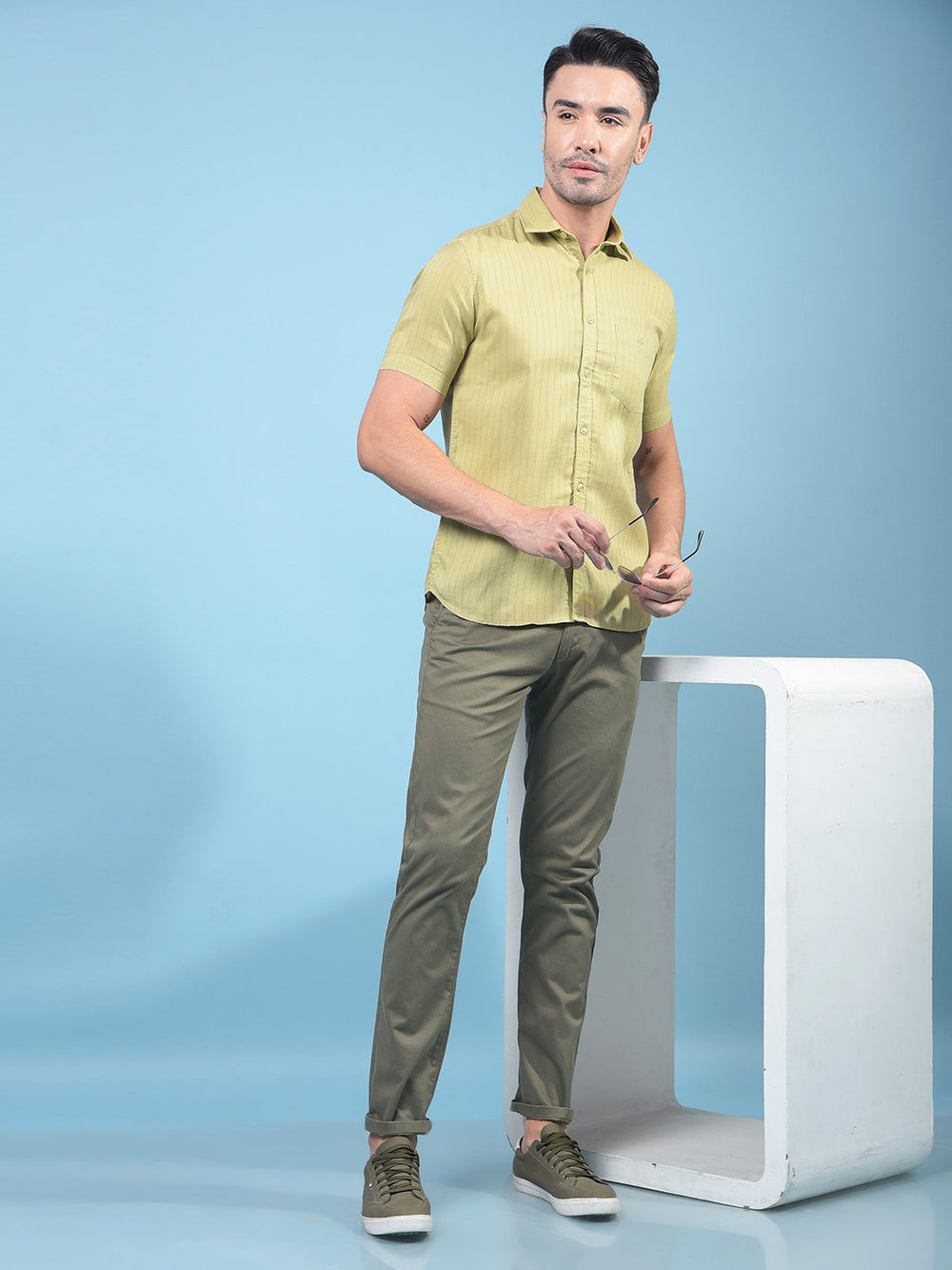 Green Vertical Stripes Linen Shirt-Men Shirts-Crimsoune Club