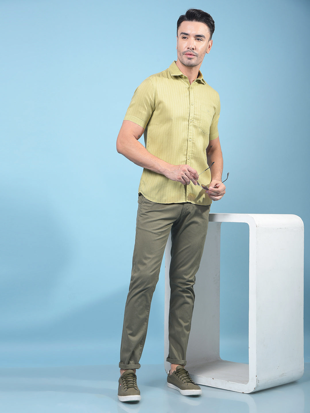 Green Vertical Stripes Linen Shirt-Men Shirts-Crimsoune Club