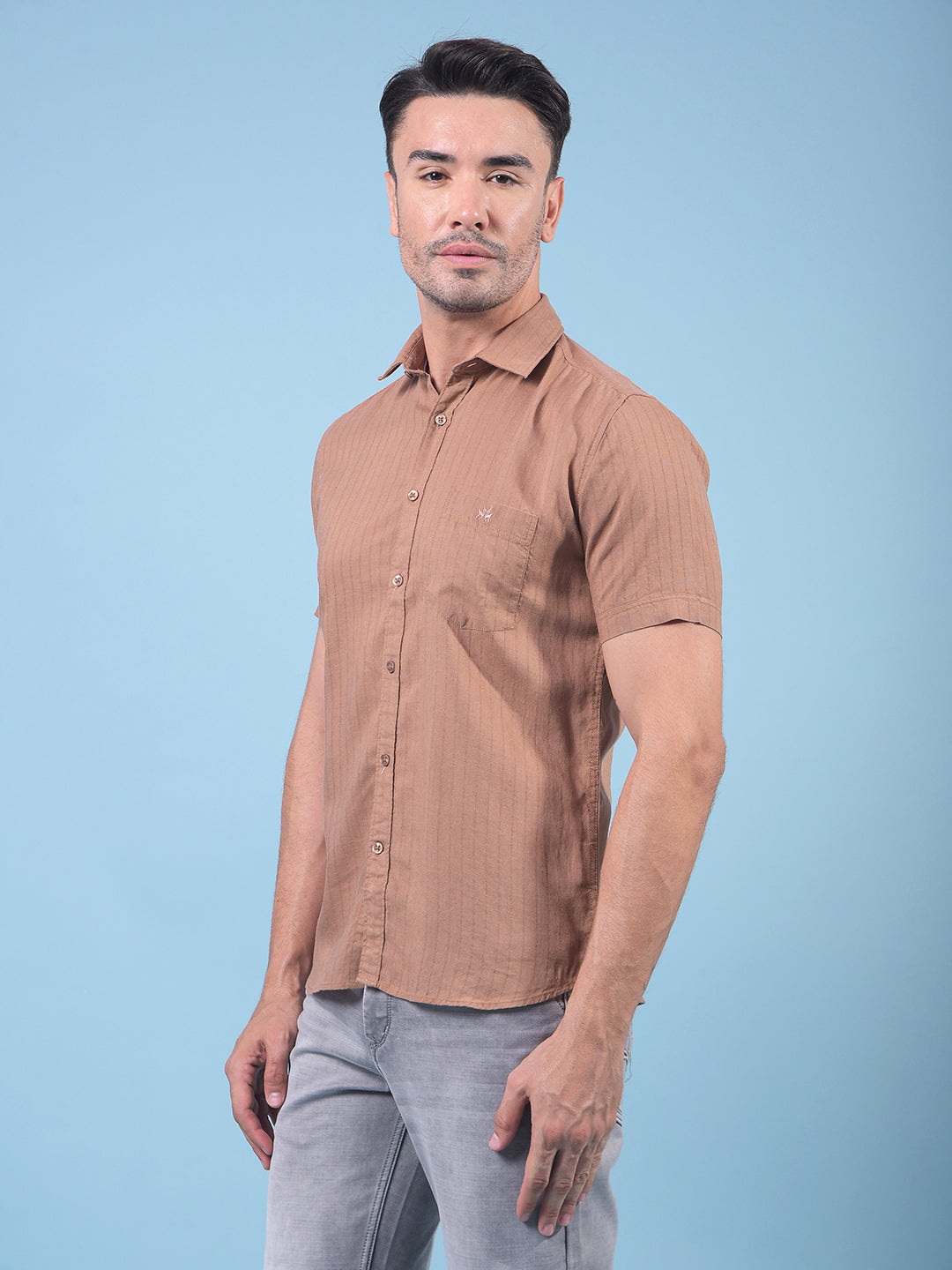 Brown Vertical Stripes Linen Shirt-Men Shirts-Crimsoune Club