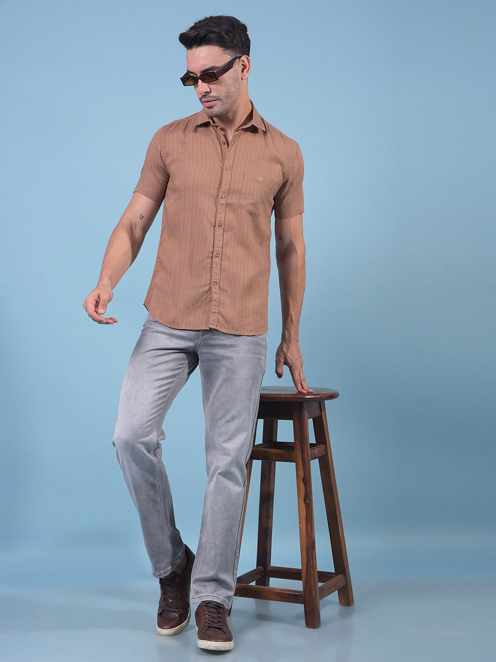 Brown Vertical Stripes Linen Shirt-Men Shirts-Crimsoune Club