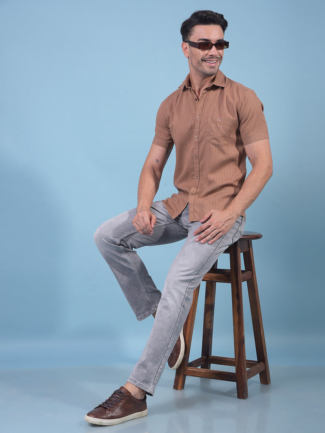 Brown Vertical Stripes Linen Shirt-Men Shirts-Crimsoune Club