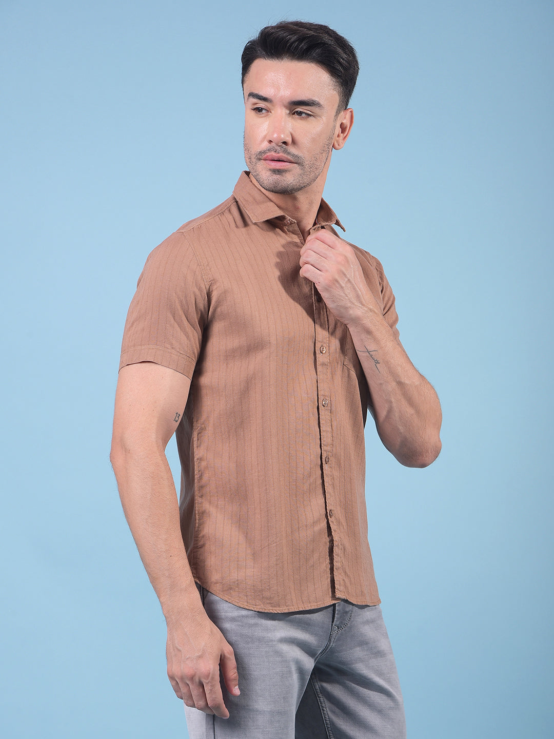 Brown Vertical Stripes Linen Shirt-Men Shirts-Crimsoune Club