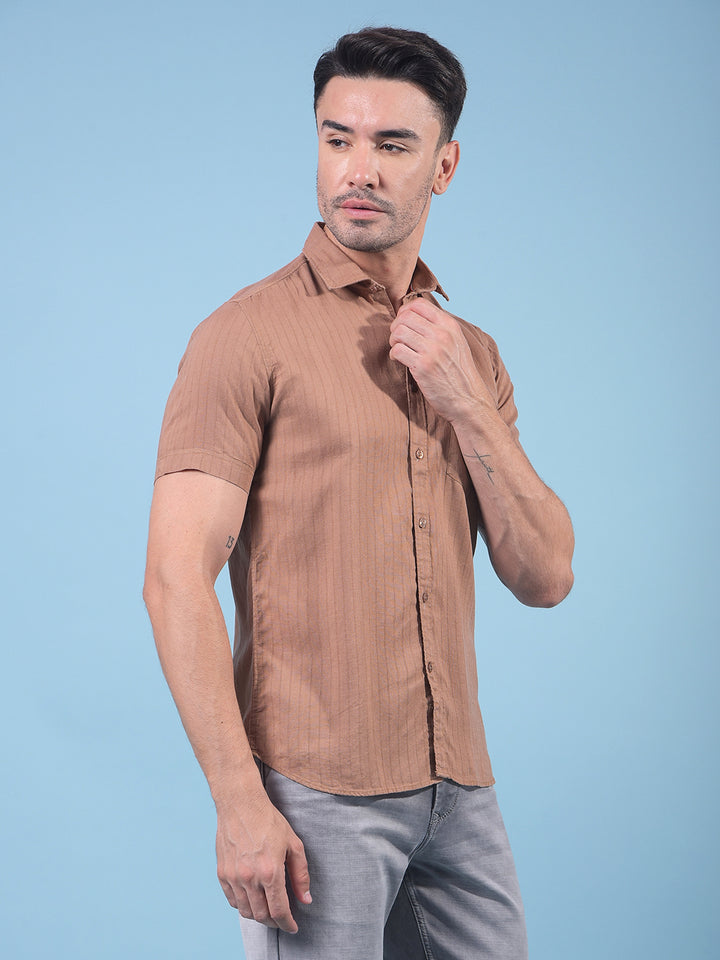 Brown Vertical Stripes Linen Shirt-Men Shirts-Crimsoune Club