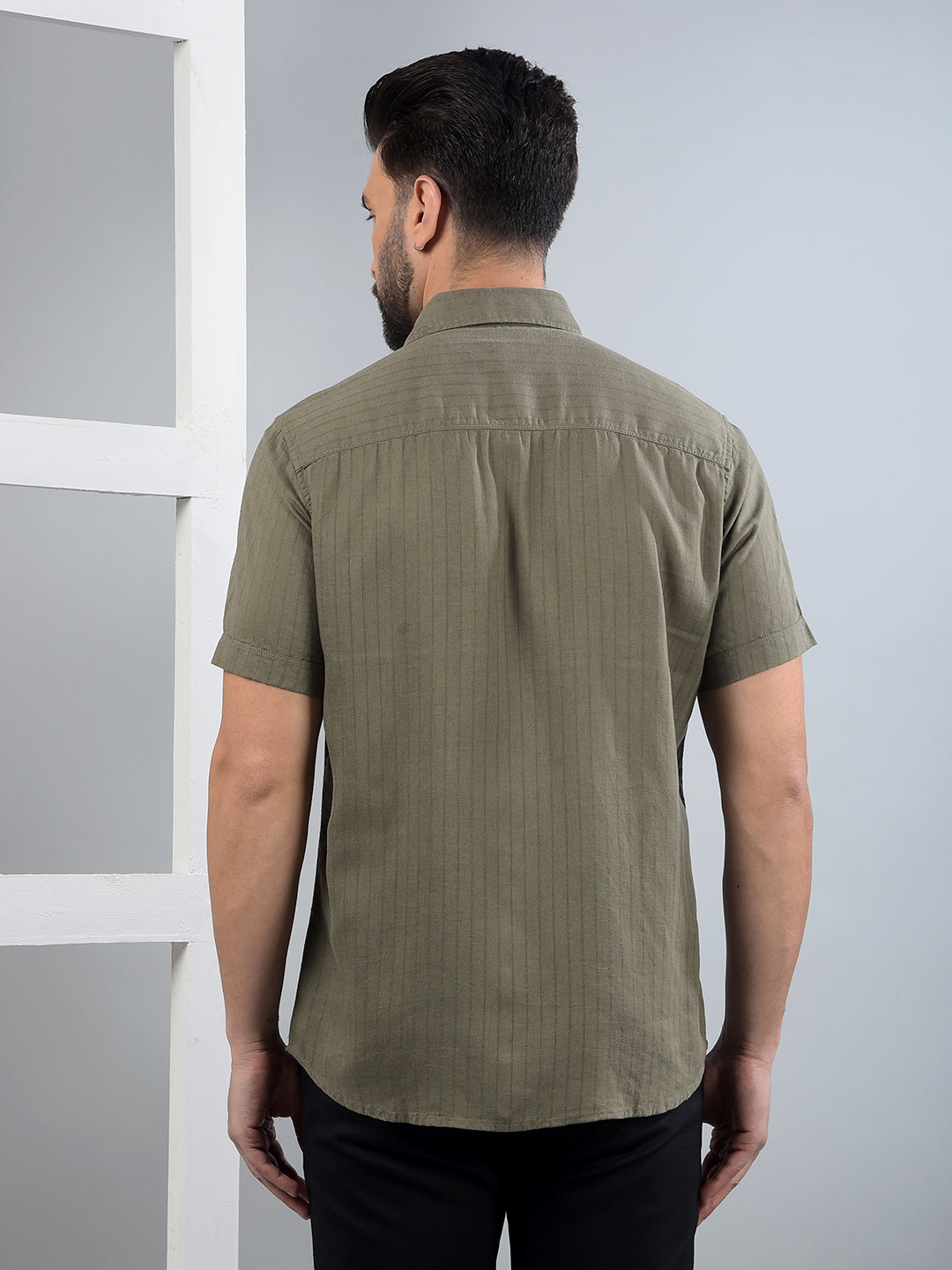 Olive Vertical Stripes Linen Shirt-Men Shirts-Crimsoune Club