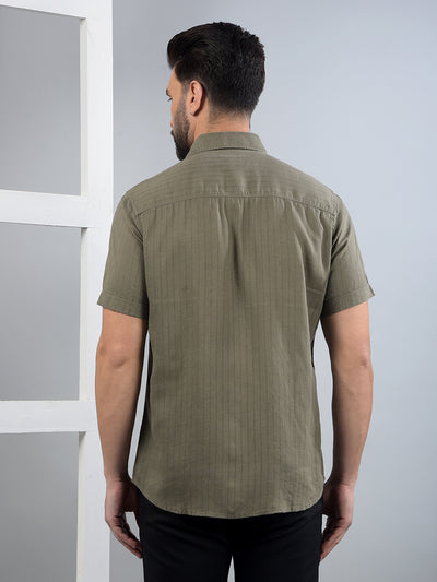 Olive Vertical Stripes Linen Shirt-Men Shirts-Crimsoune Club