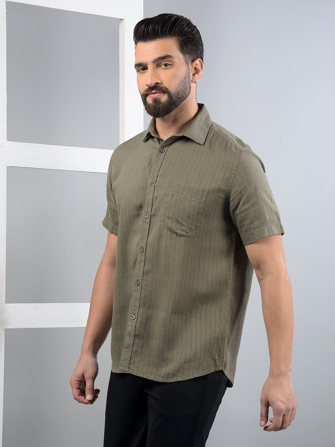 Olive Vertical Stripes Linen Shirt-Men Shirts-Crimsoune Club