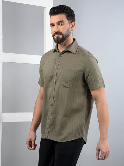 Olive Vertical Stripes Linen Shirt-Men Shirts-Crimsoune Club