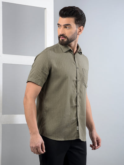 Olive Vertical Stripes Linen Shirt-Men Shirts-Crimsoune Club