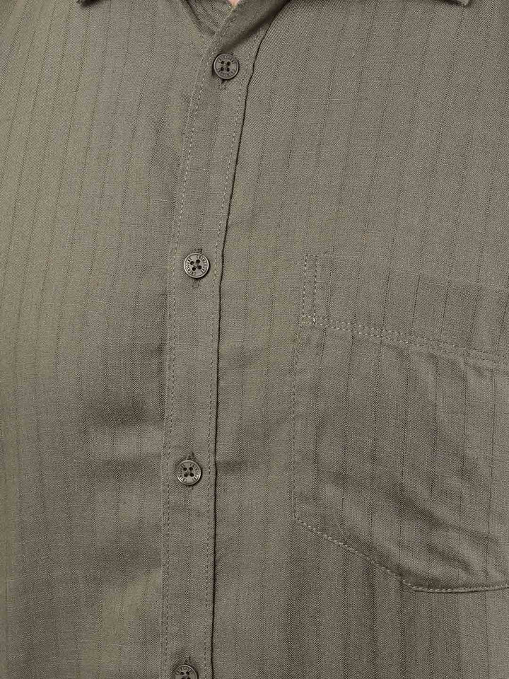Olive Vertical Stripes Linen Shirt-Men Shirts-Crimsoune Club