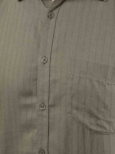Olive Vertical Stripes Linen Shirt-Men Shirts-Crimsoune Club