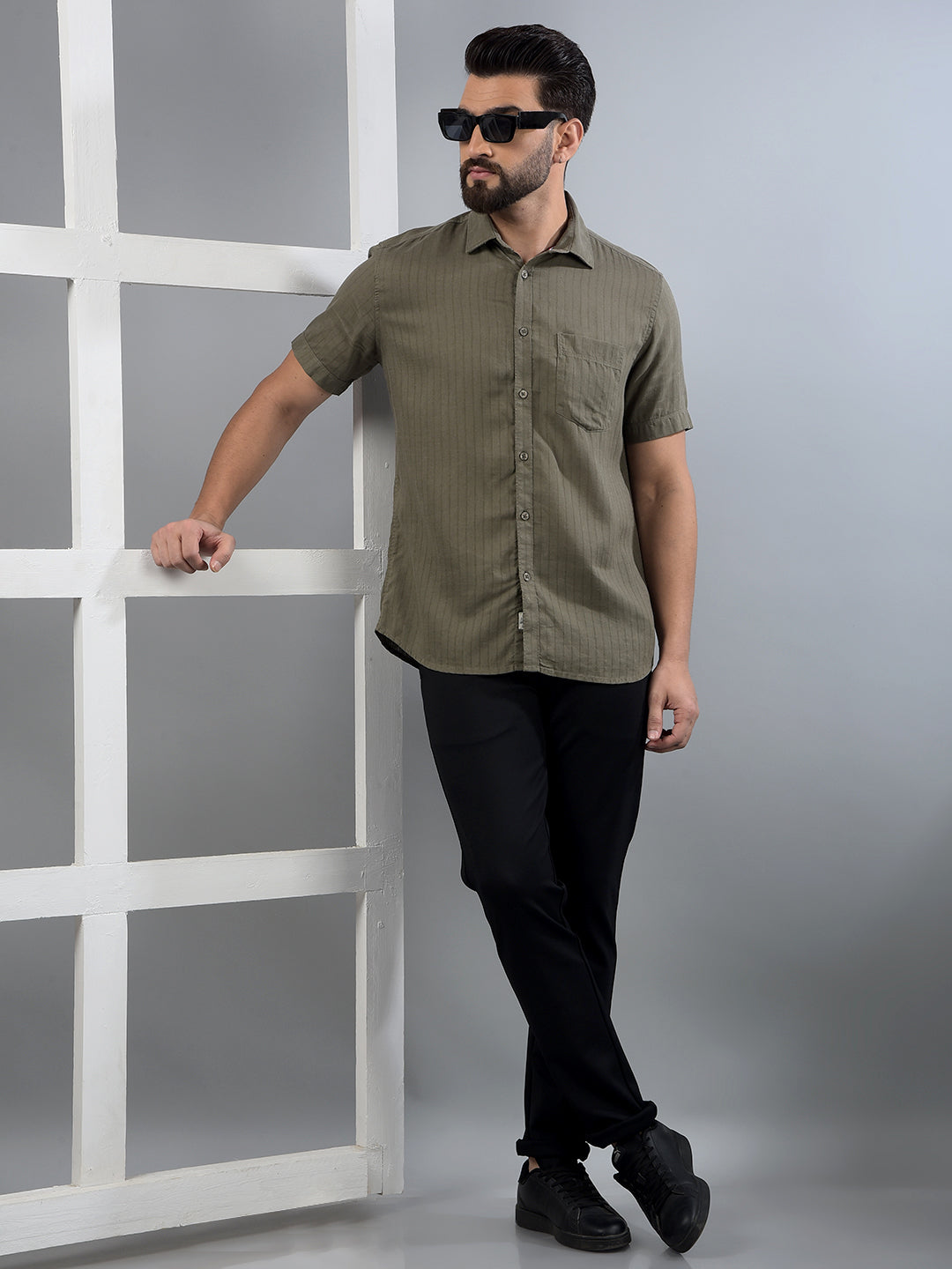 Olive Vertical Stripes Linen Shirt-Men Shirts-Crimsoune Club
