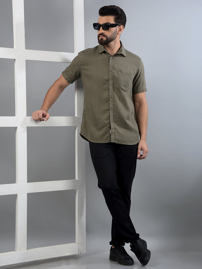 Olive Vertical Stripes Linen Shirt-Men Shirts-Crimsoune Club