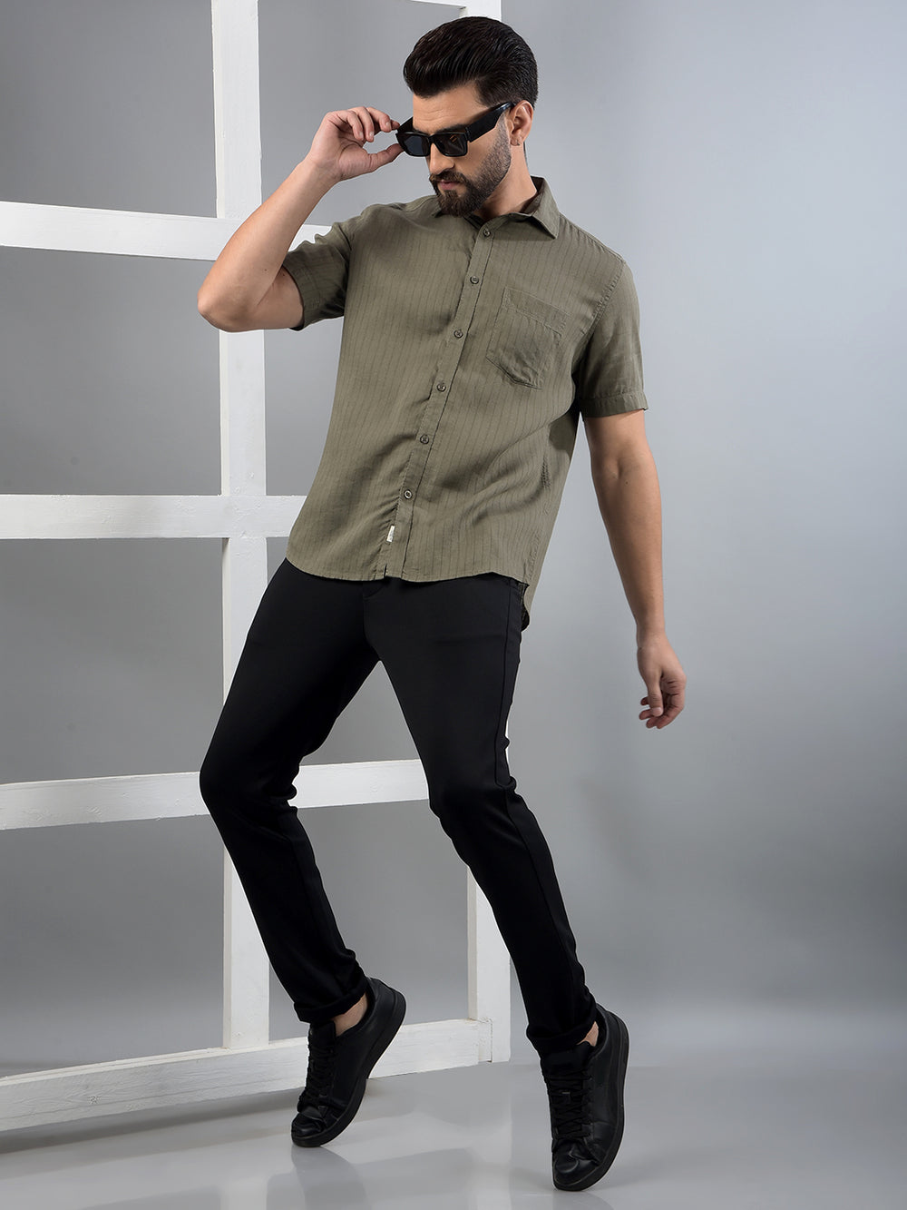 Olive Vertical Stripes Linen Shirt-Men Shirts-Crimsoune Club